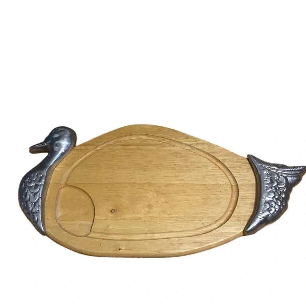 Vintage Duck Shaped Wooden Serving Tray Cutting Board with Silver Metal Accents